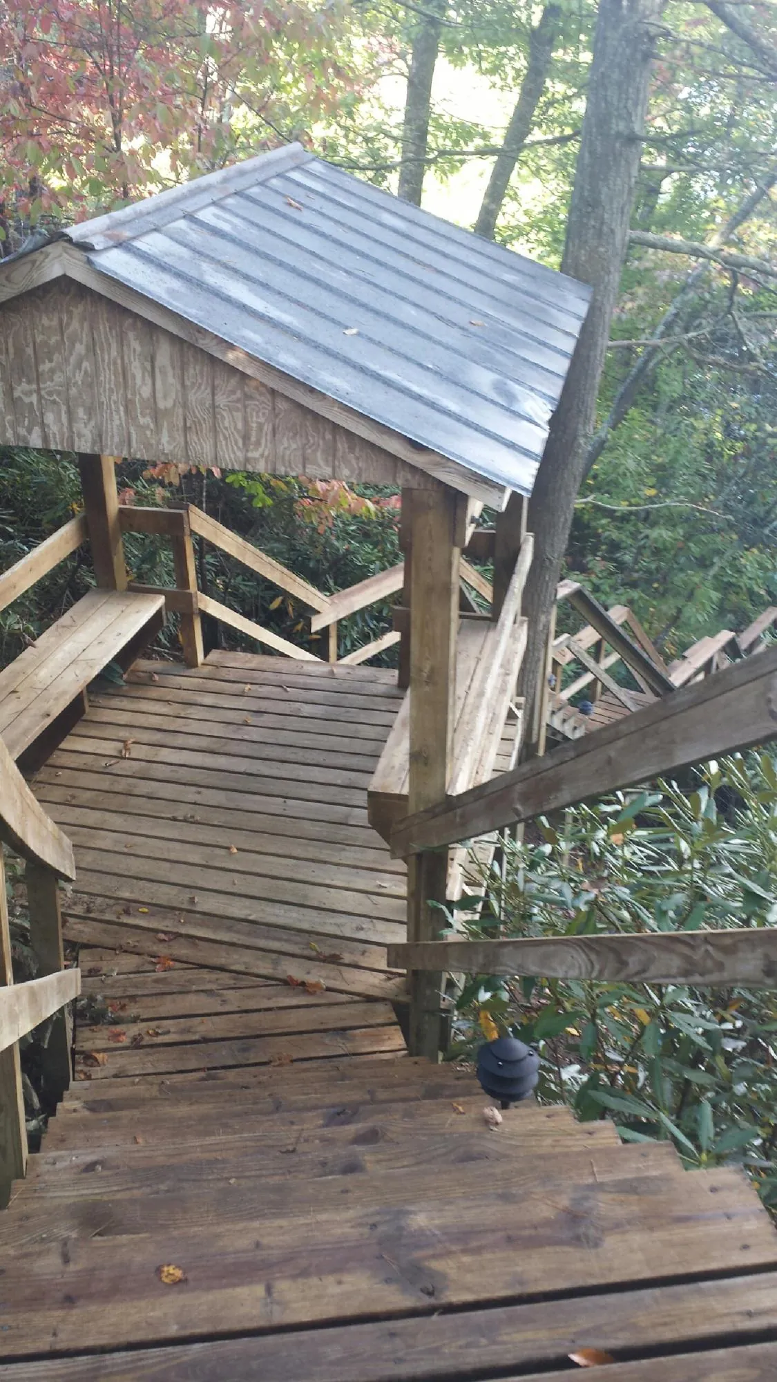 Metal roofed shelter over wooden steps on a wooded walkway — Skylight Repair & Installation work by our crew in Cedarville